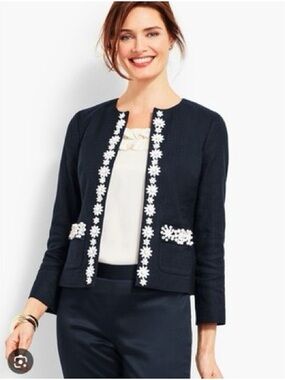 RSVP by Talbots Navy Hand-Beaded Floral Daisy Open Front Jacket Size 8